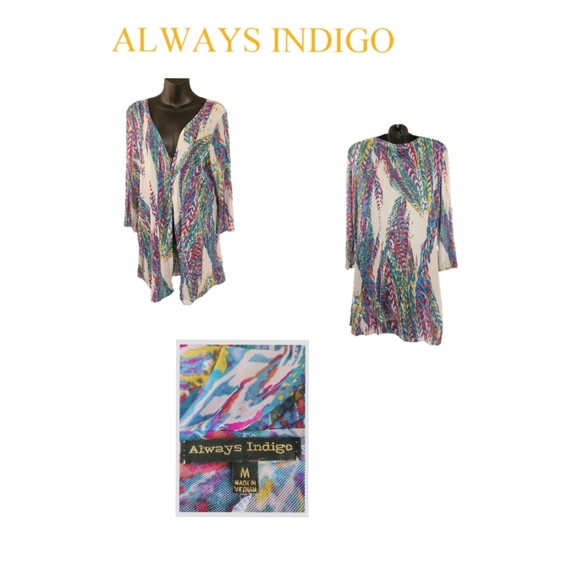Always Indigo Sweaters - Always Indigo Feather Print Mesh Cardigan, Size M